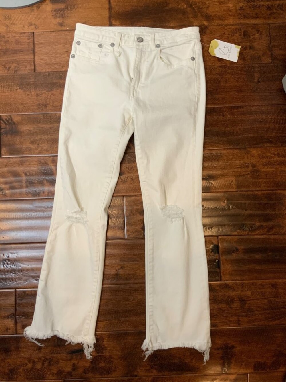 R13 Garrett White Denim Distressed Kick Bootcut Jeans, Size 27